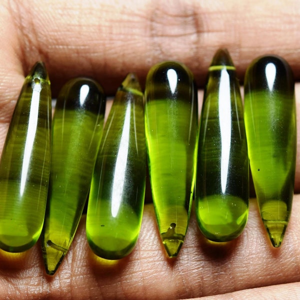 Peridot Green Quartz, Smooth Polished Tear Drop Briolette Beads Size 30x8mm 3 Match Pair
