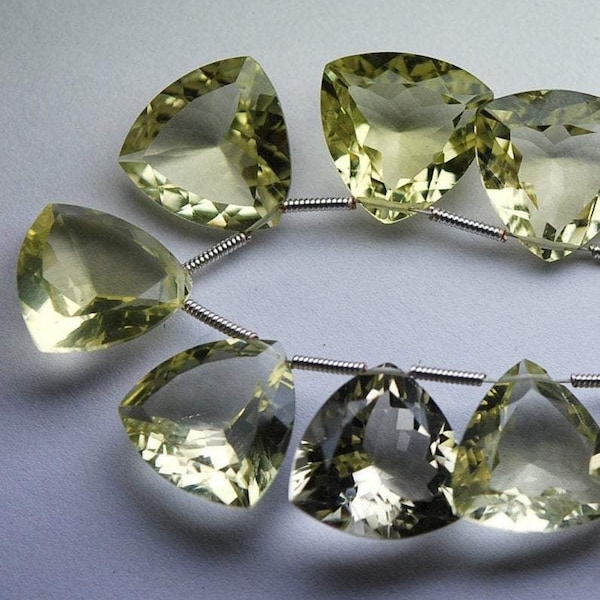 Natural Green Lemon Quartz 8 Matched Pairs,Superb Faceted Trillion Shape Briolettes, 10mm