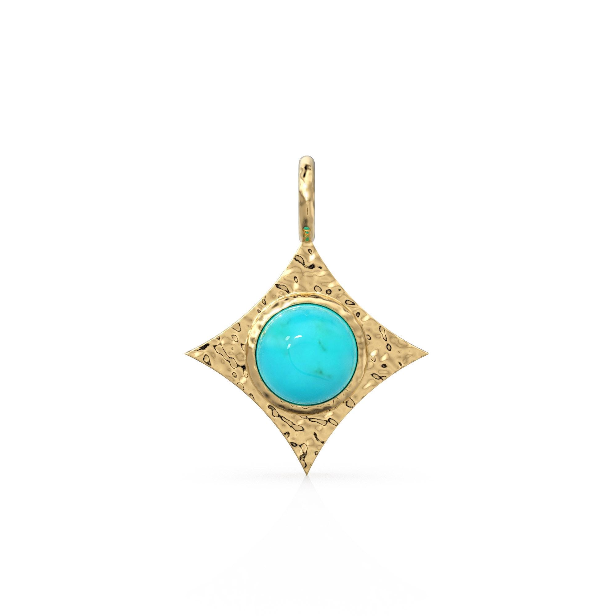 Natural Turquoise Starburst Charm Pendant, Hammered 14K Solid Gold Boho Medallion, Celestial Amulet, Artisan Handmade Turquoise Jewelry Gift