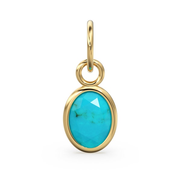 Arizona Turquoise Oval Solid Gold Charm / Natural Blue Gemstone Handmade Gold Pendant / 1pc 14k Solid Yellow Gold Jewelry Making Findings
