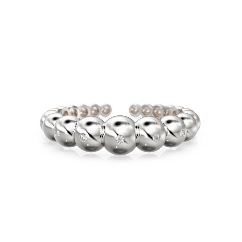 Beaded Open Cuff Ring - Stackable Lab Diamond Band - Flush-Set Everyday Anniversary Solid Gold Gift