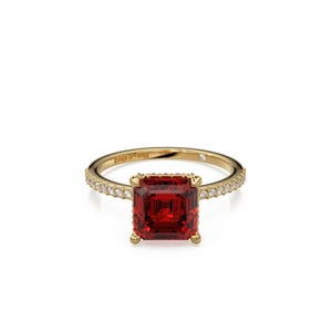 Lab Ruby Micro-pave Surround Square Emerald-Cut Solitaire Engagement Ring, Flush Interior Accent, Solid Gold