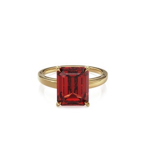 Lab Ruby Elevated Profile Emerald-Cut Solitaire Engagement Ring, Four-corner Prong, Rounded Teardrop Prongs, Solid Gold