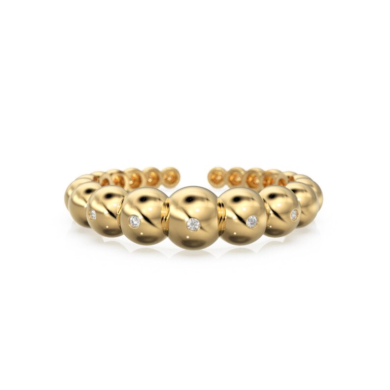 Beaded Open Cuff Ring - Stackable Lab Diamond Band - Flush-Set Everyday Anniversary Solid Gold Gift