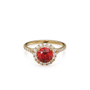 Lab Ruby Diamond Pave Band Engagement Ring, Round Cut, Single Halo, Open Basket Gallery, Raised Profile, Solid Gold