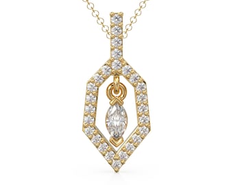 14k Solid Gold Marquise Shape Dangle Diamond Necklace with Halo Setting, Layering DIamond Necklace, Unique Dainty Diamond Necklace for Her