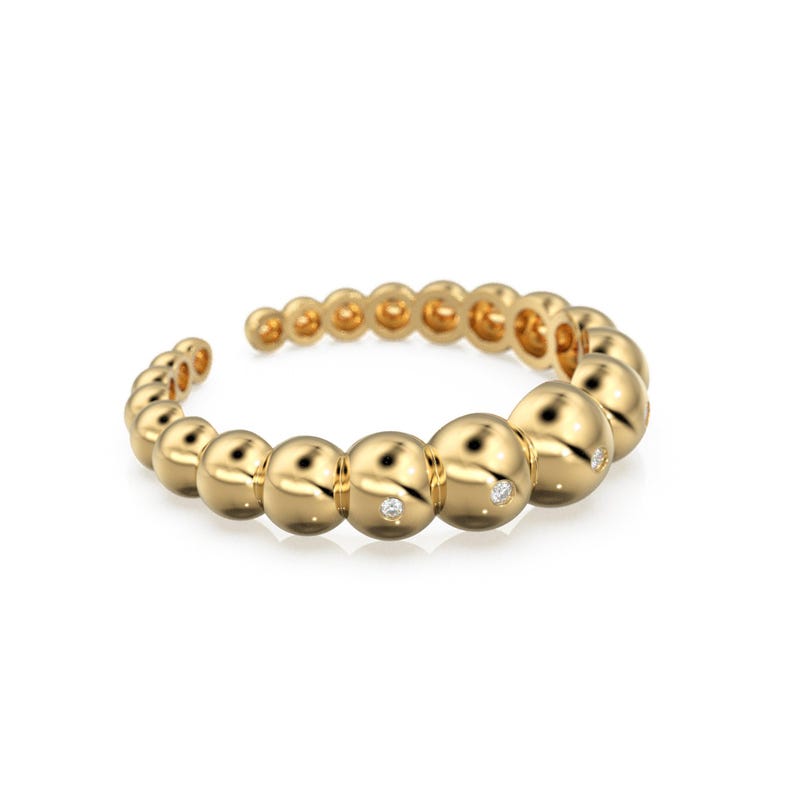 Beaded Open Cuff Ring - Stackable Lab Diamond Band - Flush-Set Everyday Anniversary Solid Gold Gift