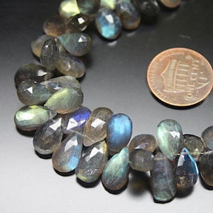 2 Strands Natural AAA Blue Fire Labradorite Faceted Pear Drop Briolette Beads 8&quot; 7mm 10mm St Patricks Day