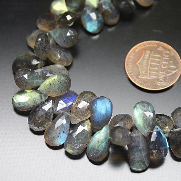 Natural AAA Blue Fire Labradorite Faceted Pear Drop Briolette Beads 8" 7mm 10mm