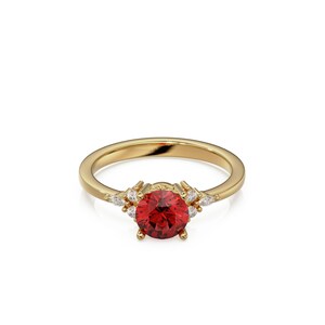 Lab Ruby Four-Prong Setting Round Cluster Engagement Ring, Prong-set Marquise Accents, Open Filigree Gallery, Solid Gold, July Birthstone