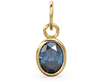 London Blue Topaz Oval Solid Gold Charm / Natural Blue Gemstone Handmade Gold Pendant / 1pc 14k Solid Yellow Gold Jewelry Making Findings