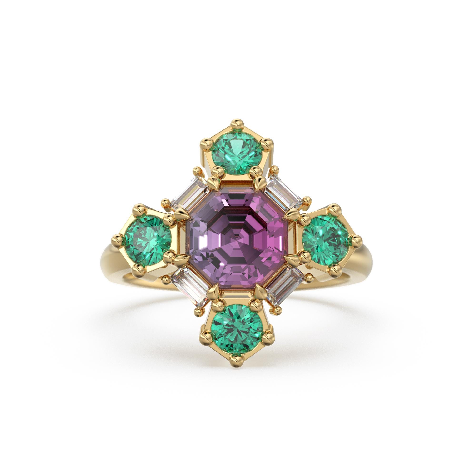 Alexandrite Octagon Engagement Diamond Ring / Art Deco Solid Gold Diamond Ring / Cocktail Baguette Ring / Multi Stone Ring / Emerald Ring