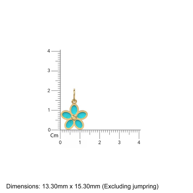 May include: A gold-tone charm in the shape of a turquoise blue flower with a small gold center. The charm is 13.30mm x 15.30mm.