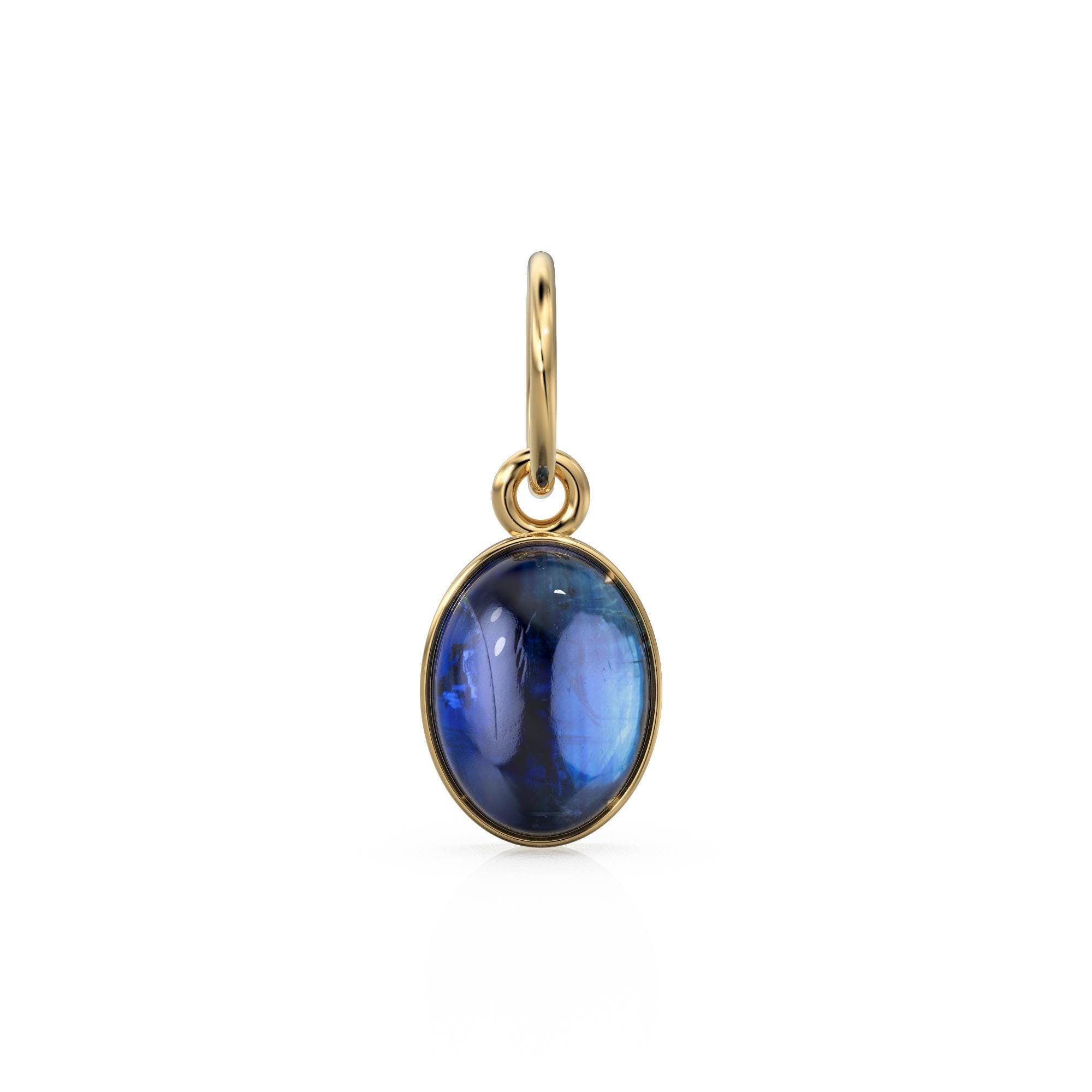 Blue Kyanite Oval Solid Gold Charm / Natural Blue Gemstone Handmade Gold Pendant / 1pc 14k Solid Yellow Gold Jewelry Making Finding