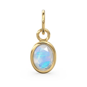 Rainbow Moonstone Oval Solid Gold Charm / Natural Fire Gemstone Handmade Gold Pendant / 1pc 14k Solid Yellow Gold Jewelry Making Findings