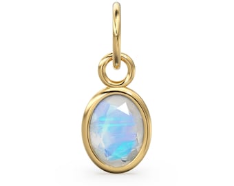 Rainbow Moonstone Oval Solid Gold Charm / Natural Fire Gemstone Handmade Gold Pendant / 1pc 14k Solid Yellow Gold Jewelry Making Findings