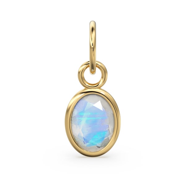 Rainbow Moonstone Oval Solid Gold Charm / Natural Fire Gemstone Handmade Gold Pendant / 1pc 14k Solid Yellow Gold Jewelry Making Findings
