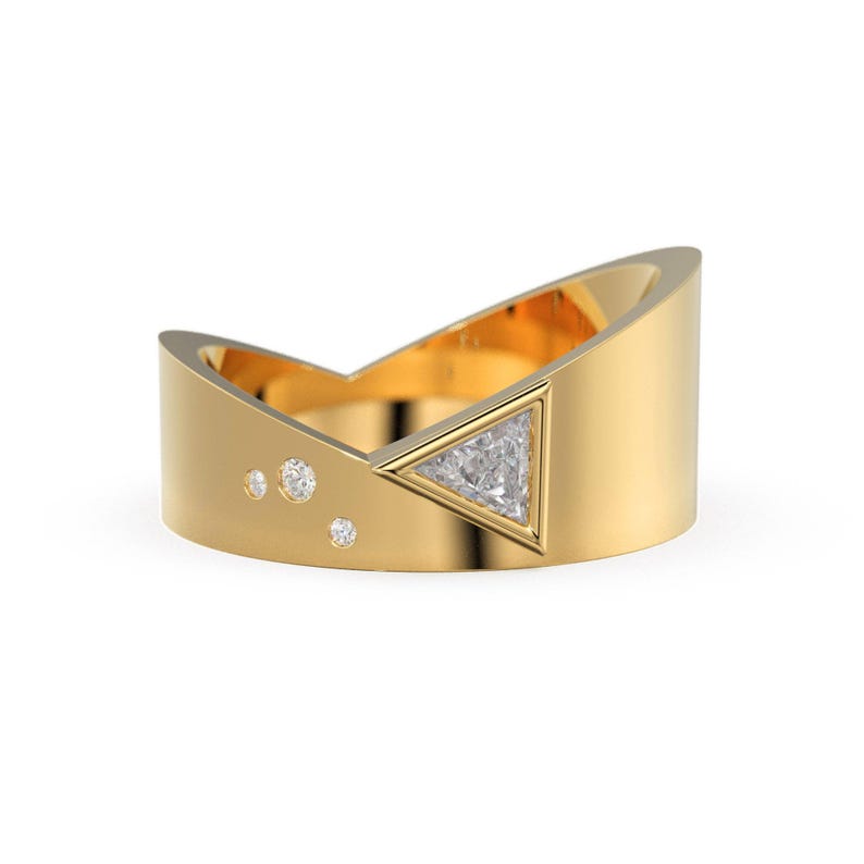 Triangle Lab Diamond Triangle Lab Diamond Wedding Ring, Modern Gold Band, Wide Trillion ...
