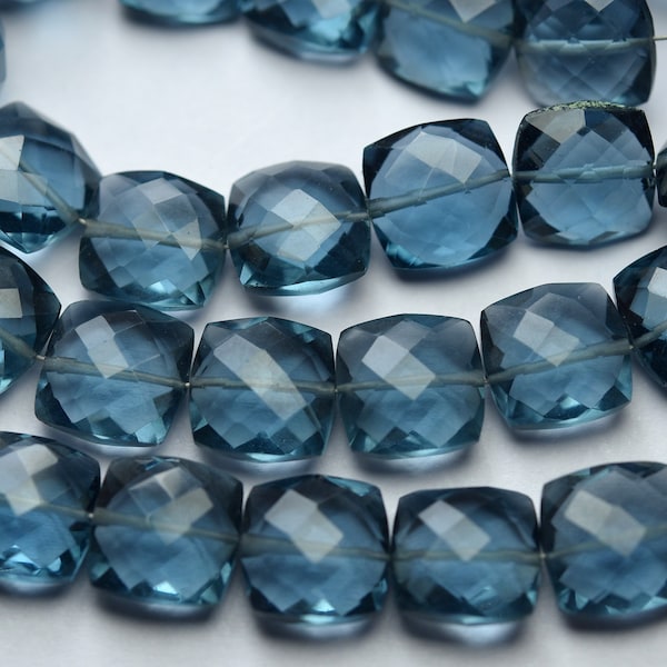 London Blue Quartz Faceted Cushion Shaped Briolettes Loose Gemstone Beads 8 Inch Strand Super Finest Quality, 10mm