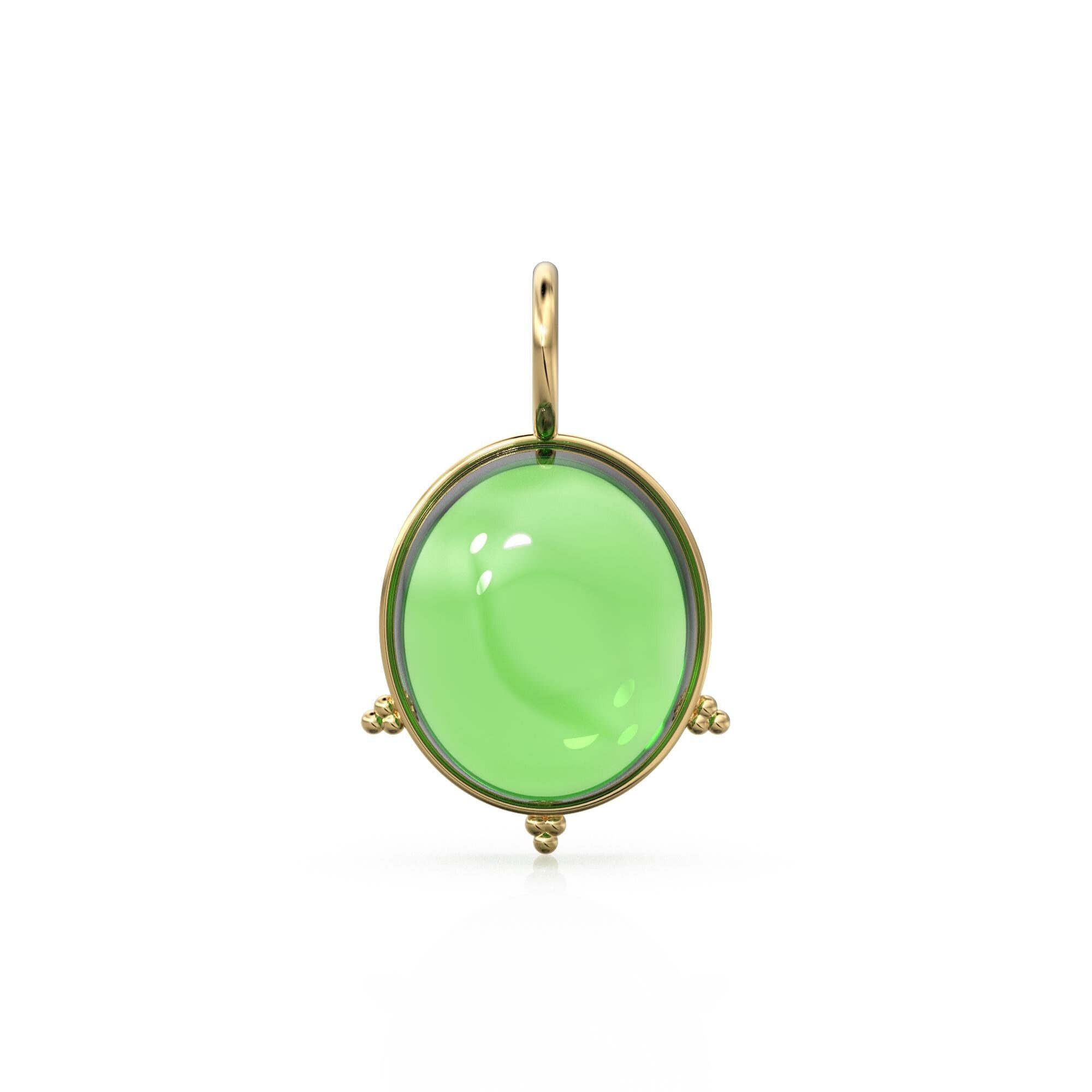 Peridot 18k Charm, 14K Solid Gold Charm, Natural Green Olivine Gemstone Oval Charm Necklace, Cabochon Birthstone Charm, Gold Charm Pendant