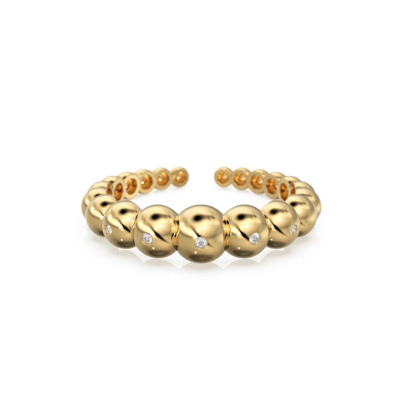 Beaded Open Cuff Ring - Stackable Lab Diamond Band - Flush-Set Everyday Anniversary Solid Gold Gift