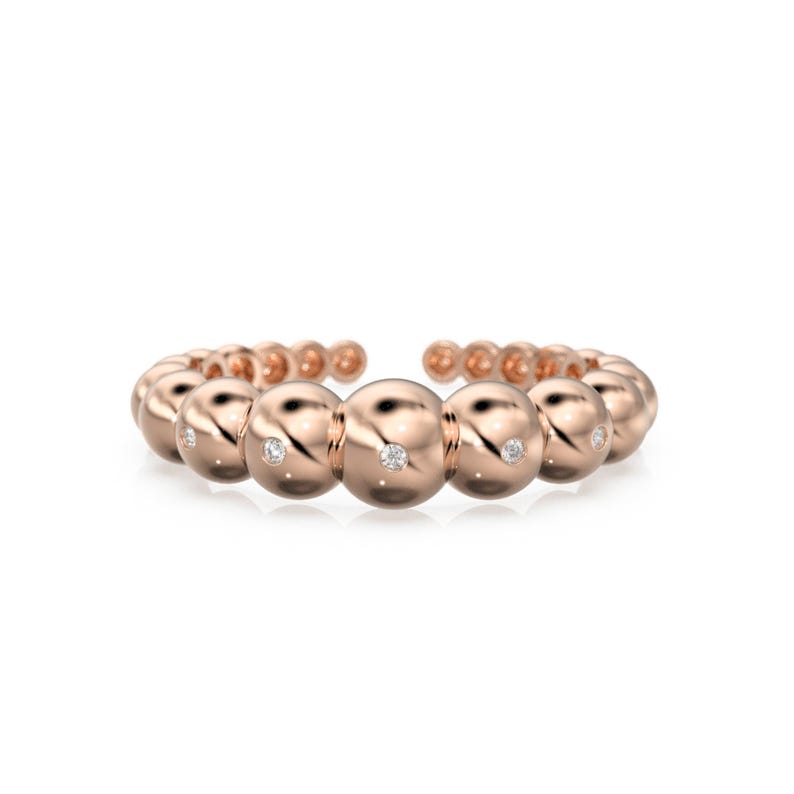Beaded Open Cuff Ring - Stackable Lab Diamond Band - Flush-Set Everyday Anniversary Solid Gold Gift
