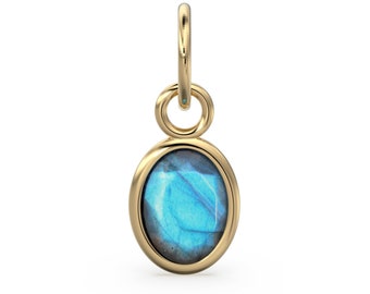 Blue Labradorite Oval Solid Gold Charm / Natural Fire Gemstone Handmade Gold Pendant / 1pc 14k Solid Yellow Gold Jewelry Making FindingsSALE