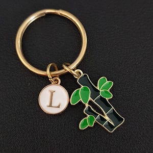 May include: Gold key chain with a white circle charm with the letter L and a black and green bamboo charm.