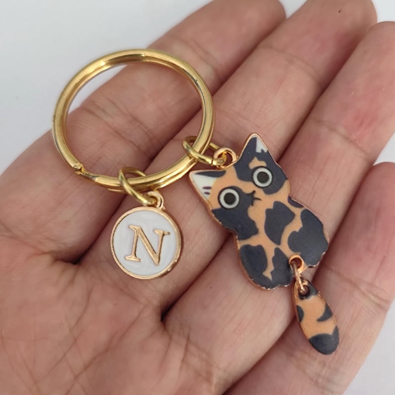 May include: Gold keychain with a black, orange, and white cat charm and a round charm with the letter N.