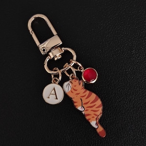 Może przedstawiać: Złoty brelok do kluczy z karabińczykiem, z zawieszką z motywem śpiącego pomarańczowego kota pręgowanego. Zawiera białą okrągłą zawieszkę z literą "A" i czerwoną błyskotką. Uroczy dodatek.