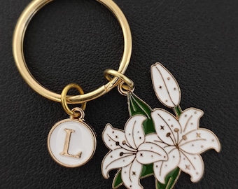 Personalized White Lily Keychain Gift For Woman