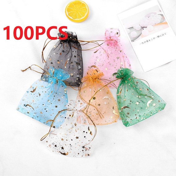 100 Moon Star Organza Gift Bags Wedding Jewelry Drawstring Party Pouches 