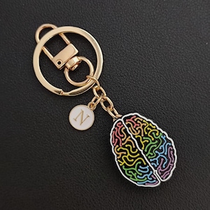 Può includere: Portachiavi color oro con un ciondolo a forma di cervello con un design arcobaleno. Include un piccolo ciondolo circolare bianco con la lettera "N". Il portachiavi ha un moschettone e un anello diviso.