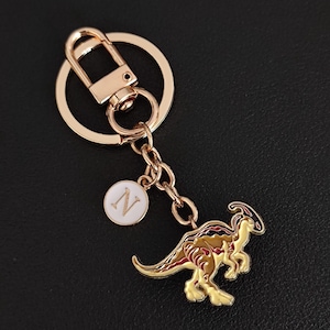 May include: Gold-coloured keychain featuring a dinosaur charm and a circular tag with the letter "N". The dinosaur has red and brown accents. The keychain includes a clasp and a chain. The background is black.
