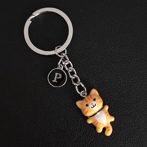 May include: A silver keychain with a small, orange tabby cat charm. The cat has black stripes and a white chest. A black circular charm with the letter "P" is also attached to the chain.