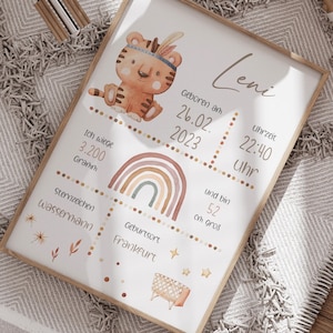 HappyArts® Namensposter personalisiert Wandbild Geburtsposter Geburtstafel Name Kinder Boho A4 A3 Taufgeschenk ohne mit Bilderrahmen