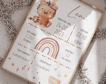 HappyArts® Namensposter personalisiert Wandbild Geburtsposter Geburtstafel Name Kinder Boho A4 A3 Taufgeschenk ohne mit Bilderrahmen