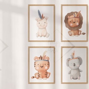 HappyArts® Kinderzimmer Bilder für Jungen und Mädchen | A4 4er/ 8er Set Boho Kinderzimmer Deko Babyzimmer Handgemalt Skandinavische Tiere