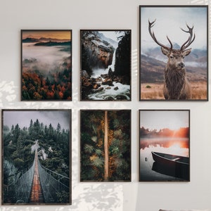 HappyArts® | 6er Premium Poster Set | Natur Hirsch Berge See Wald DIN A4 A3 Wohnzimmer Schlafzimmer Dekoration (ohne mit Rahmen)
