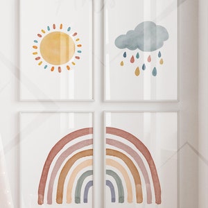 HappyArts® Kinderzimmer Bilder für Jungen und Mädchen | A4 4er / 8er Poster Set Regenbogen Boho andbilder Deko ohne mit Rahmen