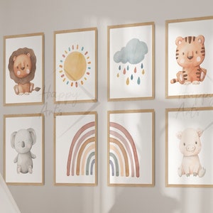 HappyArts® Kinderzimmer Bilder für Jungen und Mädchen | A4 8er Poster Set Regenbogen Tiermotive Sonne Wandbilder Deko Babyzimmer
