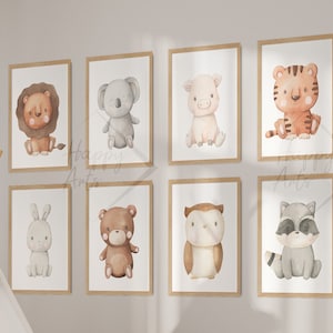 HappyArts® Kinderzimmer Bilder für Jungen und Mädchen | A4 8er Poster Set Regenbogen Tiermotive Sonne Löwe Bär Tiger Deko Babyzimmer