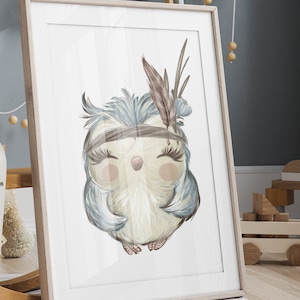 HappyArts® Poster Wandbild Boho Eule Federn A4 Waldtiere Portrait Aquarell Bilder Kinderzimmer Deko Babyzimmer Taufgeschenk Geburt