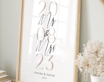 HappyArts® Wedding Poster, Personalized Wedding Picture for Bride and Groom, Mr & Mrs, Wall Art, Gift for Bride and Groom, A4 A3, with or without frame