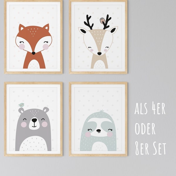 HappyArts® Kinderzimmer Bilder für Jungen und Mädchen | A4 4er Set Waldtiere Kinderzimmer Babyzimmer Waldtiere Skandinavische Tiere Fuchs