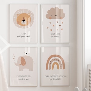 HappyArts® Affirmationsposter Set Jungen & Mädchen | Affirmationen A4 Kinderzimmer Poster Löwe Bär Regenbogen Wandbilder Deko Achtsamkeit