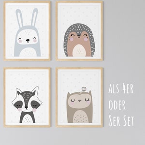 HappyArts® Kinderzimmer Bilder für Jungen und Mädchen A4 4er Set Waldtiere Babyzimmer Poster Waldtiere Eule Fuchs Skandinavische Tiere