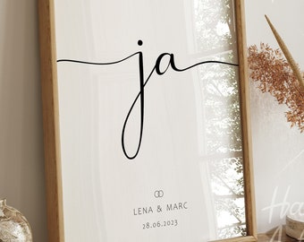 HappyArts® Wedding Poster Personalized Wedding Picture YES Saying for Bride and Groom Wall Art Gift Bride and Groom A4 A3 with or without frame