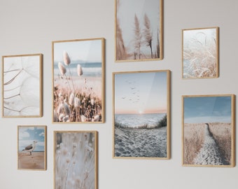 HappyArts® | 8 or 6 Premium Poster Set | Nature Sea Beach Pampas Grass DIN A4 A3 Living Room Bedroom Decoration (without frame)