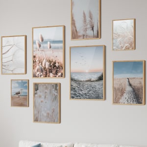 HappyArts® | 8er oder 6er Premium Poster Set | Natur Meer Strand Pampasgras DIN A4 A3 Wohnzimmer Schlafzimmer Dekoration (ohne mit Rahmen)